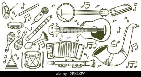 Hand gezeichnete Musik klassische Instrumente Kritzelsymbol Set isoliert auf weißem Hintergrund. Stock Vektor