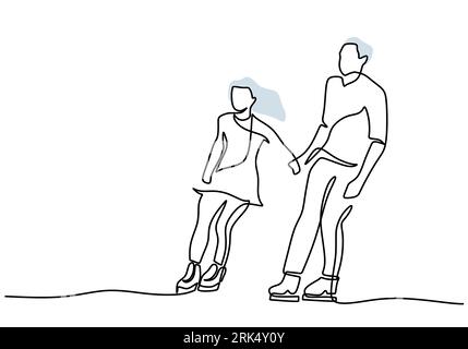 Handzeichnung einer Linie von Paar Eislaufen isoliert auf weißem Hintergrund. Stock Vektor