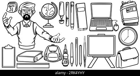 Handzeichnung von Lehrerausrüstung isoliert auf weißem Hintergrund. Stock Vektor