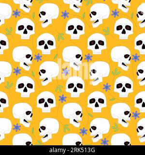 Nahtloses Muster des Schädels isoliert auf gelbem Hintergrund. Stock Vektor