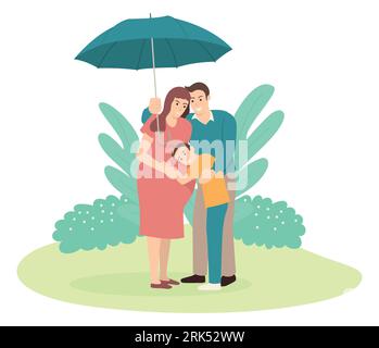 Cartoon-Illustration eines Vaters mit einem Regenschirm für seine Familie. Familiensicherheit, Schutz, Verantwortung, Versicherungskonzept Stock Vektor