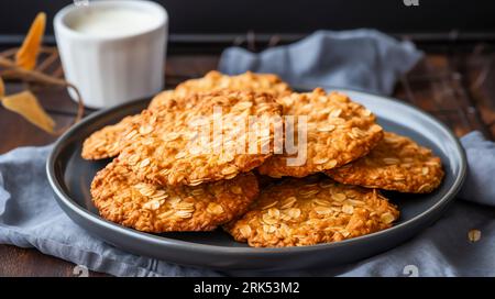 Ein Teller mit köstlichen goldbraunen Haferkeksen aus der Nähe Stockfoto