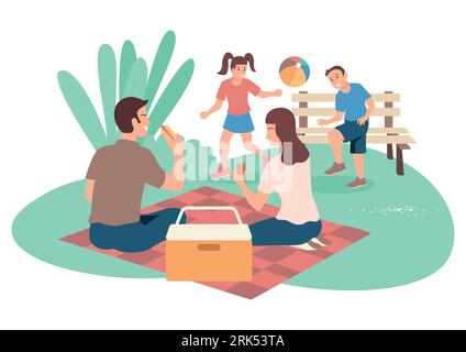 Einfache flache Vektor-Illustration der glücklichen Familie auf Picknick Stock Vektor