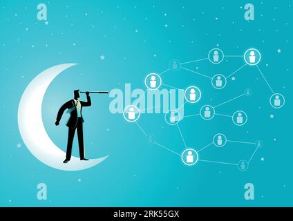 Business Concept Vektor Illustration von Geschäftsmann auf Halbmond mit Teleskop auf der Suche nach Kandidaten stehen. Soziale Verbindung, Humanressourcen Stock Vektor