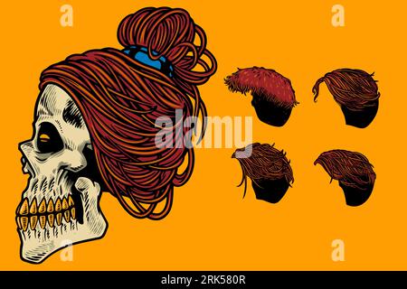 hand drawn skull with various hair vector illustration set Stock Vector