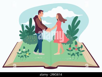 Einfache flache Vektordarstellung von Mann und Frau, die Hände halten Im geöffneten Buch Stock Vektor