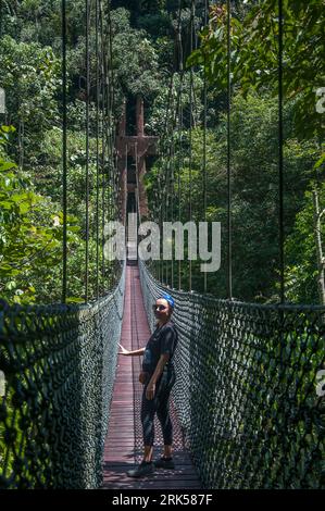 Der Belalong Canopy Walkway erstreckt sich über 5 miteinander verbundene Türme, die sich 43 m über dem unberührten tropischen Regenwald des Ulu Temburong National Park, Brunei, Borneo, erheben Stockfoto