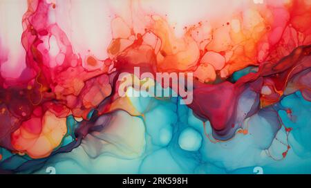 Colorful abstract art print featuring an array of bright paint splatters on a white canvas background Stock Photo