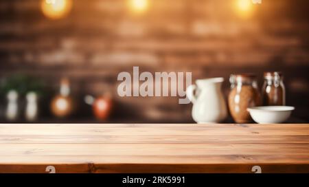 An empty wooden table with a single candle and two cups placed on top of it in the background Stockfoto