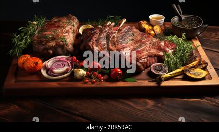 Eine frisch zubereitete Mahlzeit mit verschiedenen Fleischgerichten, Gemüse und Gewürzen auf einem Holzbrett Stockfoto