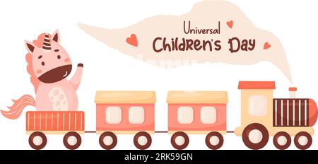 Children toy train with cute unicorn. Universal Childrens Day. Festive vector illustration. kids collection Stock Vektor