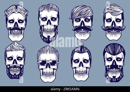 various skull's hair vector illustration set monochrome style Stock Vector