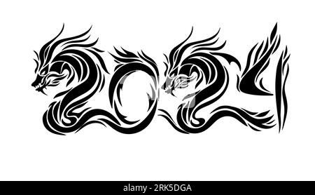 Drache. 2024 Pinselstrich Vektor-Illustration. Tintengrafik Chinesisches Jahr des Drachenmalens Stock Vektor