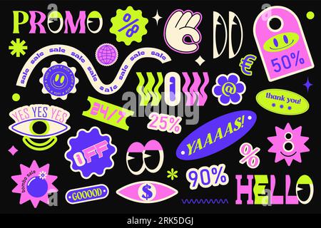 Sammlung von angesagten Werbeschildern, Aufklebern, Briefmarken zum Einkaufen und Verpacken, Rabatten. Vector Set Y2K moderner Trend Stock Vektor