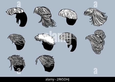 hand drawn various hair vector illustration set monochrome style Stock Vector