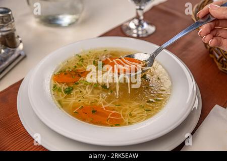 Woman eating fresh chicken noodle soup in restaurant Stock Photo