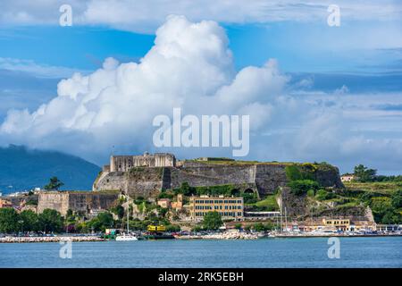 View of the New Fortress of Corfu from the sea, with the old port in the foreground, in the old town of Corfu, Island of Corfu, Ionian Islands, Greece Stock Photo