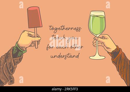 two hands holding drink and ice cream motivation concept vector illustration Stock Vektor