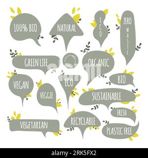 Grüne Bezeichnungen für Sprechblasen festgelegt. Für ökologische/biologische Erzeugnisse. Für nachhaltige Verpackungen, Lebensmittelprodukte, Restaurants. Vektorillustration, flache Ausführung Stock Vektor