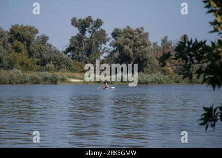 Serbien, 04. August 2023: Die Teilnehmer der TOUR INTERNATIONAL DANUBIEN (TID) Regatta (Quelle der Donau-Schwarzes Meer) passieren eine Etappe Veliko Selo Stockfoto