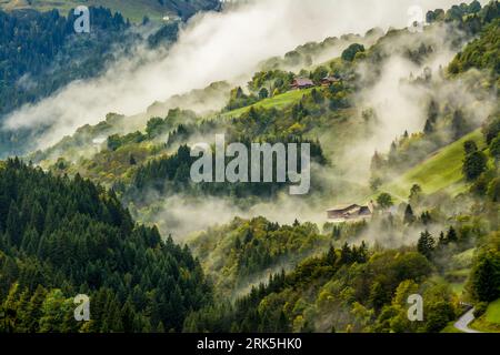 FRANCE. HAUTE SAVOIE (74) CHALETS IN THE MIST, NEAR THE VILLAGE DU REPOSOIR Stock Photo