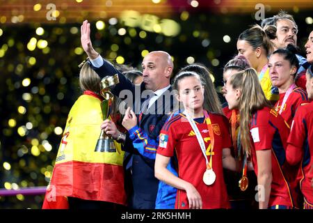 Foto vom 20.08.2023 des Präsidenten des spanischen Fußballverbands Luis Rubiales nach dem Finale der FIFA-Frauen-Weltmeisterschaft. Die FIFA hat ein Disziplinarverfahren gegen den spanischen FA-Präsidenten Luis Rubiales wegen seines Verhaltens beim WM-Finale in Sydney am Sonntag eingeleitet. Ausgabedatum: Donnerstag, 24. August 2023. Stockfoto
