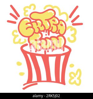 Graffiti Slogan Extra Fun with bucket of popcorn in Red, Yellow Color on White background. Colorful Urban style Lettering with Junk food. Vector illustration. Groovy Hippie Sticker for T-Shirts, Wallpaper, Case Phone. Stock Vektor