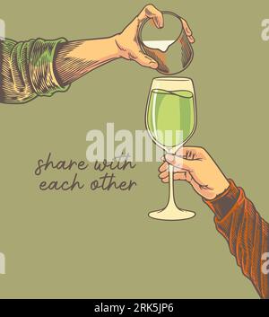 two hands holding drink and cup motivation concept vector illustration Stock Vektor