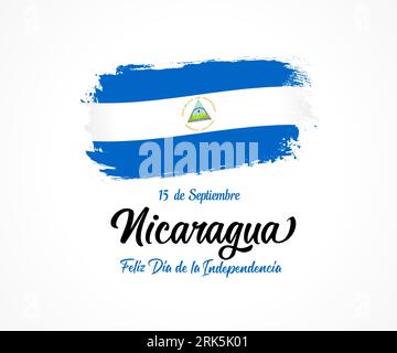 Nicaragua Feliz Dia de la Independencia Schriftzug und Grunge-Flagge. Übersetzung - 15. September, Nicaragua, Happy Independence Day. Vektorillustration Stock Vektor