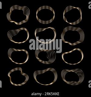 Set aus ovalen welligen goldenen Rahmen auf schwarzem Hintergrund, goldenen Elementen im Art-Deco-Stil. Vektor abstrakter linearer Objekte Stock Vektor