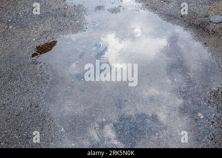 Reflection of sky sun  clouds in Puddle. After rain Stockfoto