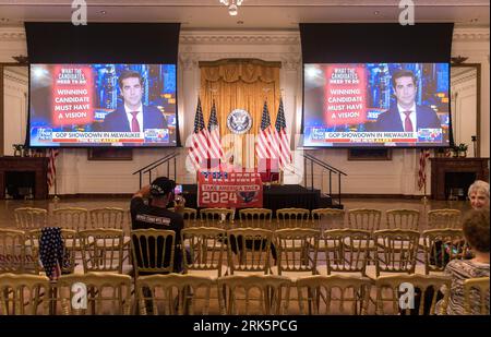 23. August 2023 - Yorba Linda, Kalifornien, USA - Gäste beginnen, sich in der Richard Nixon Presidential Library für die erste Präsidentschaftsdebatte 2024 in Milwaukee, Wisconsin, zu versammeln. (Bild: © Brian Cahn/ZUMA Press Wire) NUR REDAKTIONELLE VERWENDUNG! Nicht für kommerzielle ZWECKE! Stockfoto