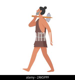 Ancient man with handmade hammer. Stone age people and lifestyle vector illustration Stock Vector