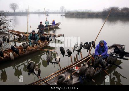 Bildnummer: 53765603 Datum: 30.01.2010 Copyright: imago/Xinhua (100131) -- NANTONG, 31. Januar 2010 (Xinhua) -- Dorfbewohner warten auf Booten, die mit Kormoranen ausgerüstet sind, um an einem Angelwettbewerb teilzunehmen, der am 30. Januar 2010 im Dorf Guanduo der Baidischen Gemeinde in der Stadt Nantong in der ostchinesischen Provinz Jiangsu stattfindet. (Xinhua/Wang Junrong) (ly) CHINA-NANTONG-FISHING-COMPETITION (CN) PUBLICATIONxNOTxINxCHN Wirtschaft Arbeitswelten Fischer Fischerei kbdig xmk 2010 quer o0 Wettkampf Fischerboot Kormoran Tiere Bildnummer 53765603 Datum 30 01 2010 Copyright Imago XINHUA NANTONG Jan 31 20 Stockfoto