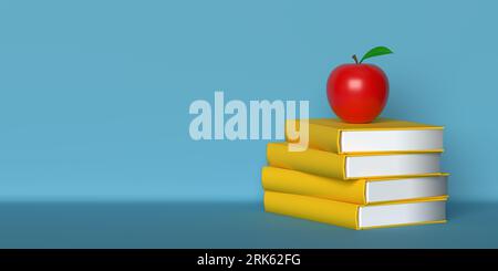 Stack of yellow books and an apple on top of it for healthy food at Back to school concept on blue background, copy space. 3D render educational Stockfoto