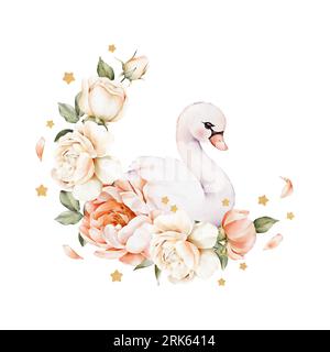 Aquarellkomposition mit süßem Schwan, zarten Blumen, grünen Blättern und goldenen Sternen. Abbildungen für Hochzeit, Valentinstag, Geburtstagseinladungen, Pos. Stockfoto