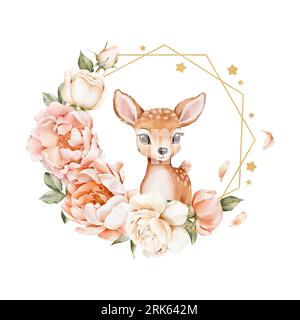 Watercolor composition with cute deer, delicate flowers, leaves and gold frame. Illustrations for invitations, cards, anniversary, birthday, greetings Stock Photo