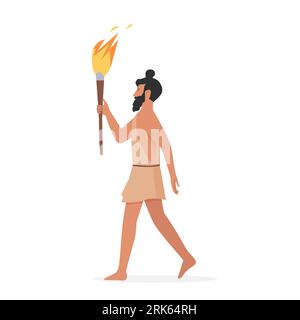 Stone age man with fire. Primitive people and old lifestyle, ancient men vector illustration Stock Vector