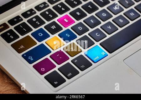 Laptop, keyboard button and color tech in closeup on internet, website or information on table. Digital, computer and electronic pc on desk for work Stock Photo