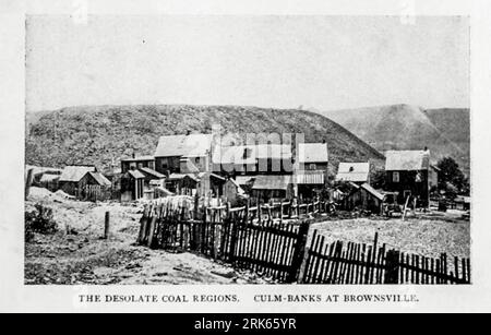 THE DESOLATE COAL REGIONS. CULM-BANKS AT Brownsville, Pennsylvania from the Article  October 1896 Coal refuse (also described as coal waste, rock, slag, coal tailings, waste material, rock bank, culm, boney, or gob) is the material left over from coal mining, usually as tailings piles or spoil tips. For every tonne of hard coal generated by mining, 400 kilograms of waste material remains, which includes some lost coal. Piles of coal refuse can have significant negative environmental consequences, including the leaching of iron, manganese, and aluminum residues into waterways and acid mine drai Stock Photo