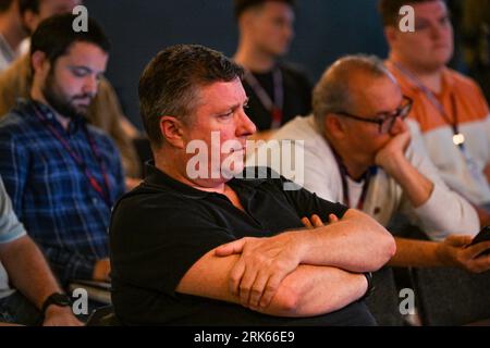 Zandvoort, Netherlands. 24th August 2023; Circuit Zandvoort, Zandvoort, North Holland, Netherlands; Formula 1 Heineken Dutch Grand Prix 2023; Arrivals and Inspection Day; David Croft Sky F1 commentator watches the drivers press conference Credit: Action Plus Sports Images/Alamy Live News Stock Photo