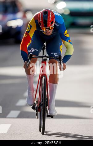 St. Wendel, Germany. 23rd Aug, 2023. Cycling: Tour of Germany, St. Wendel (2.30 km), prologue (individual time trial). Mads Pedersen (Denmark) of Team Lidl-Trek is on the course. Credit: Alexander Neis/Eibner-Pressefoto/dpa/Alamy Live News Stock Photo