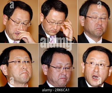Bildnummer: 53826732 Datum: 01.03.2010 Copyright: imago/Xinhua (100301) -- PEKING, 1. März 2010 (Xinhua) -- Combo Picture Shows Toyota Motor Corp Präsident Akio Toyoda auf einer Pressekonferenz am 1. März 2010 in Peking. Akio Toyoda entschuldigte sich bei chinesischen Verbrauchern für den Rückruf von Toyota Autos am Montag. (Xinhua/Chen Jianli) (nxl) (3)CHINA-BEIJING-TOYOTA PRESIDENT-APOLOGY (CN) PUBLICATIONxNOTxINxCHN People Automobilindustrie PK premiumd kbdig xsk 2010 quer o0 Porträt Wirtschaft Bildnummer 53826732 Datum 01 03 2010 Copyright Imago XINHUA Beijing 1 März 2010 XINHUA Combo Picture Shows Toyota eng Stockfoto