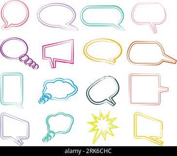 Beschreibungssymbole Farbkontur. Sprechblasenset. Comic Speech Doodle. Vektorausrufe festgelegt. Comic-Text-Sprechblase. Pop-Art-Stil. Stock Vektor