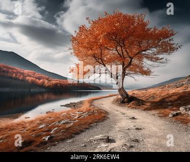 A winding path meanders along the edge of a tranquil lake, lined with lush vegetation on either side Stockfoto
