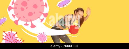 Contemporary art collage. Athletic, fit girl in sport uniform, with table tennis racket fights off harmful bacteria. banner for ad Stockfoto
