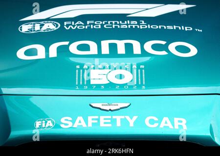 General view of the signage on the Aston Martin Vantage Safety Car during a preview day ahead of Sunday's 2023 Netherlands Grand Prix at CM.com Circuit Zandvoort in Zandvoort, Netherlands. Picture date: Thursday August 24, 2023. Stock Photo