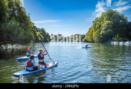 Junge Leute paddeln auf der Themse zwischen Petersham und Twickenham westlich von London, Großbritannien. Stockfoto