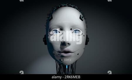 Front view of head of female humanoid robot with white glowing plastic skin, blue eyes and illuminated circuitry in her skull against dark background Stockfoto