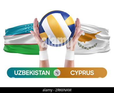 Usbekistan gegen Zypern Nationalmannschaften Volleyballspiel Konzept. Stockfoto